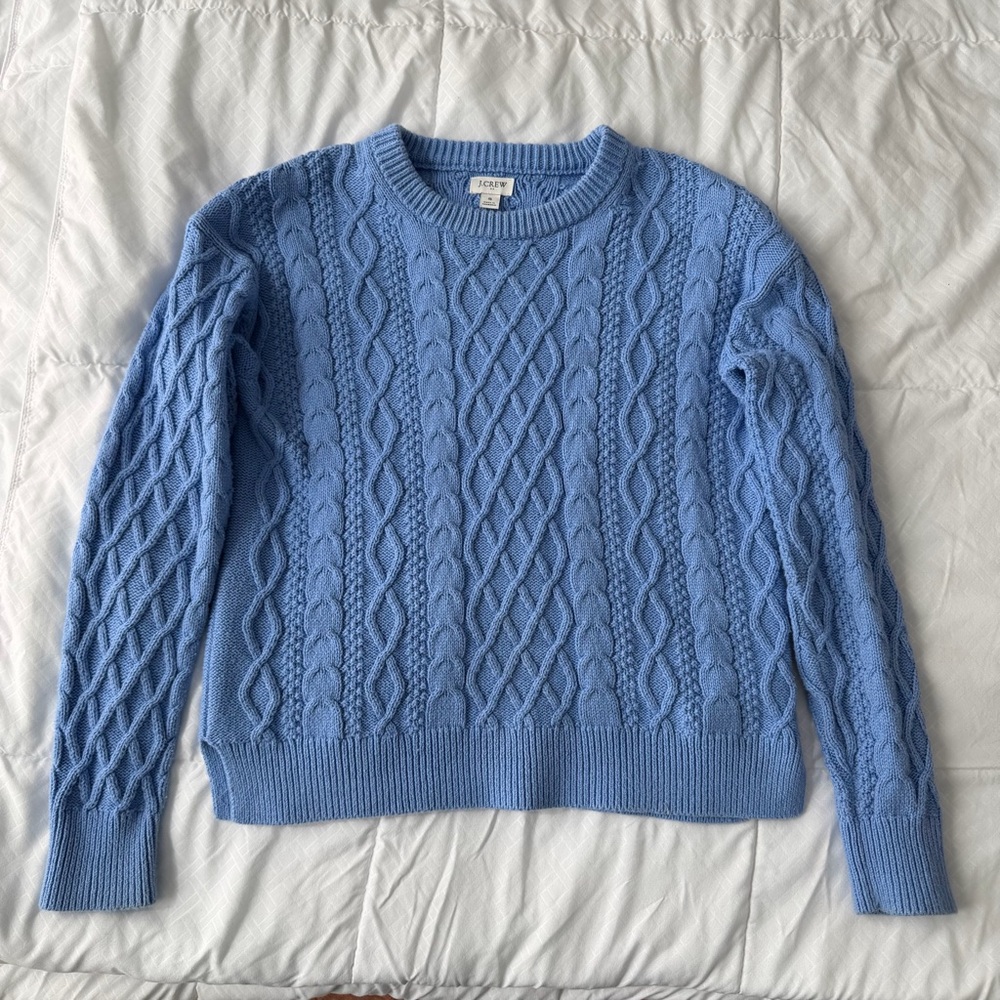 J. Crew Cable Knit Crewneck Sweater Women’s S Light Blue Cotton Pullover